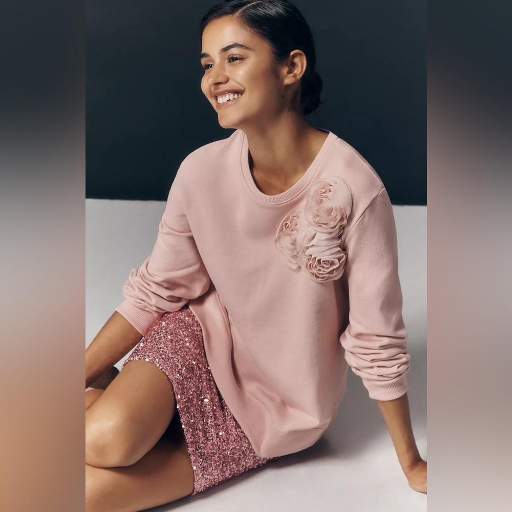 NWT Size XL - Anthropologie 100% Cotton 3D Rose Embellished Sweatshirt